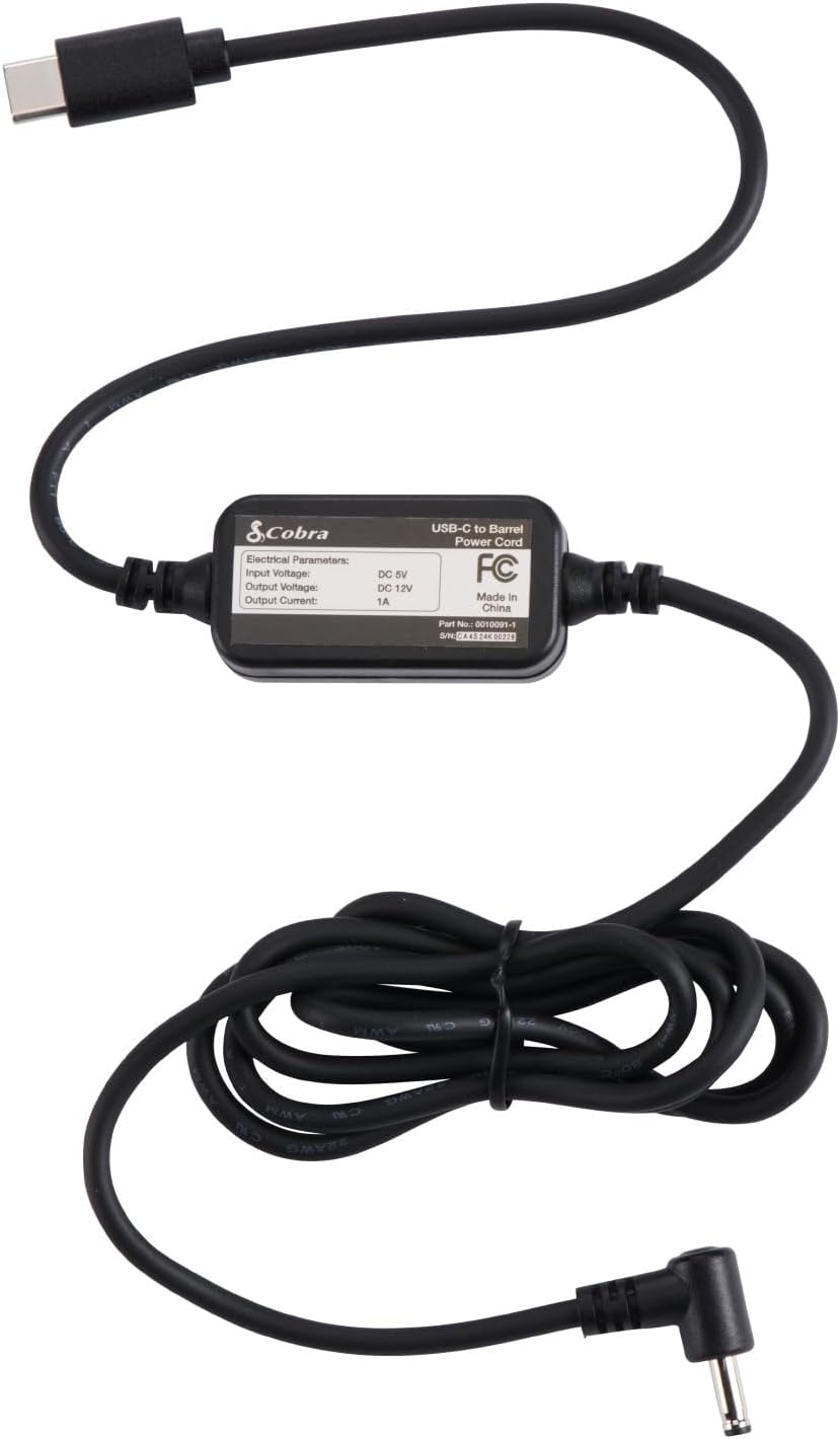 Cobra USB-C to Barrel Connector Radar Detector Power Cable Radar Detectors, Compatible RAD350 380 450 480i 700i and Suitable for Radar Detector Windshield Mount