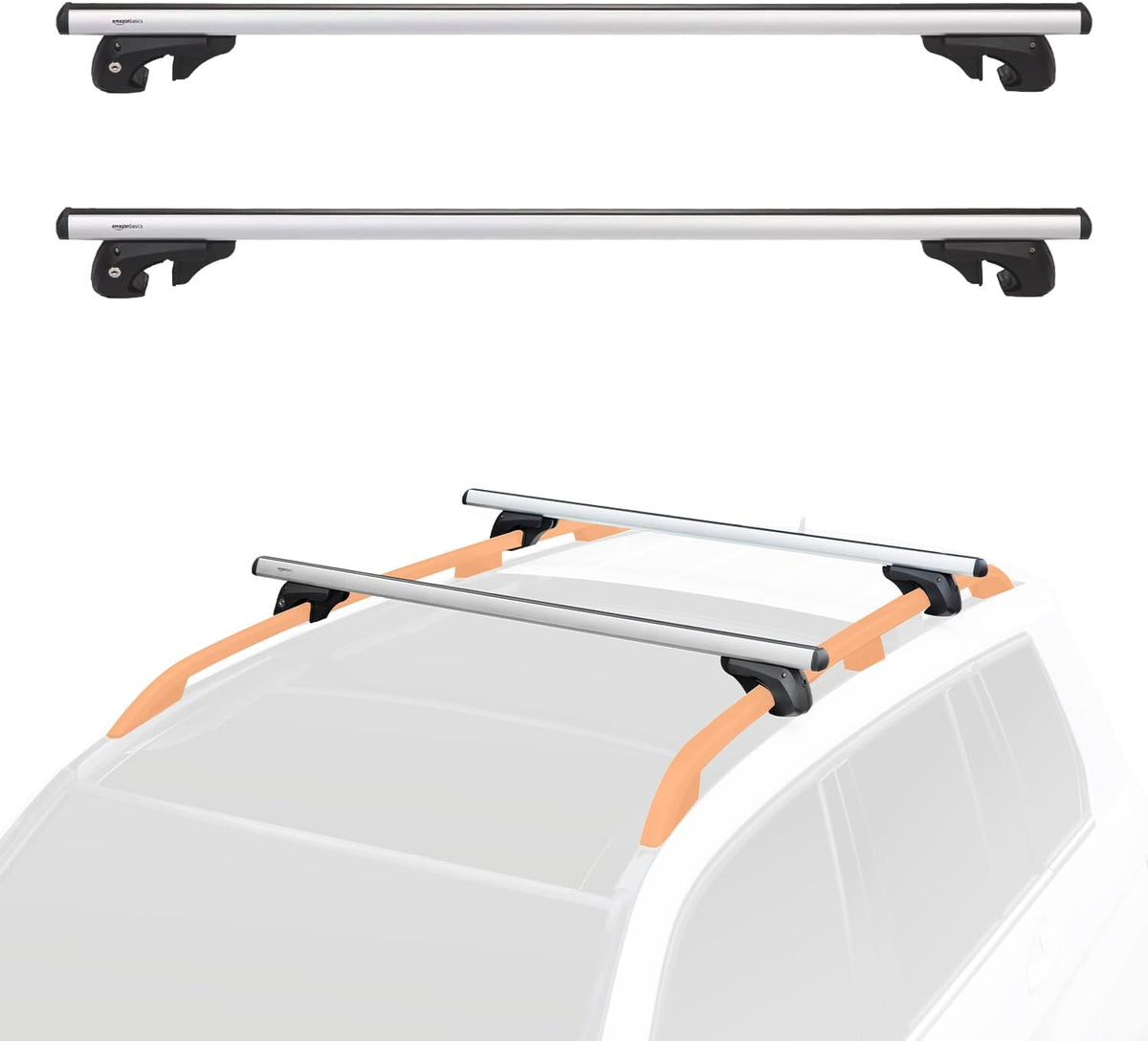 Amazon Basics Cross Rail Roof Rack, 52 inches, Fits up to 46" Spans between Raised Side Rails with Gap, Pack of 2, Black/Silver