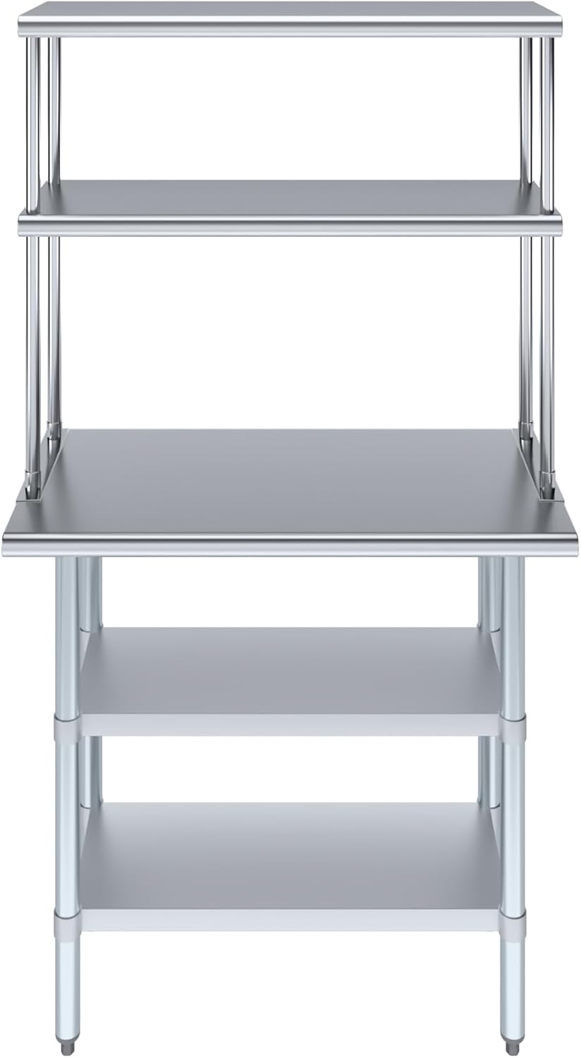 Amgood Stainless Steel Work Table with 2 Shelves | Metal Kitchen Prep Table & Shelving Combo (18" x 36" Table with 2 Shelves + 12" Overshelf)