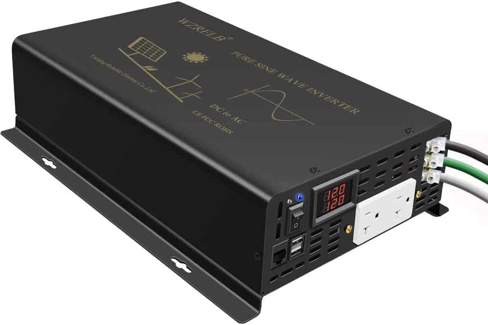 WZRELB Pure Sine Wave Power Inverter 3000W 12VDC to 120VAC 6000W Peak Dual AC Outlets &2× 2.4A USB Port &Hardwire Terminal with 16ft Remote Conrtol Off-Grid Solar Converter RV Trucks (VC300012U5WD-1)