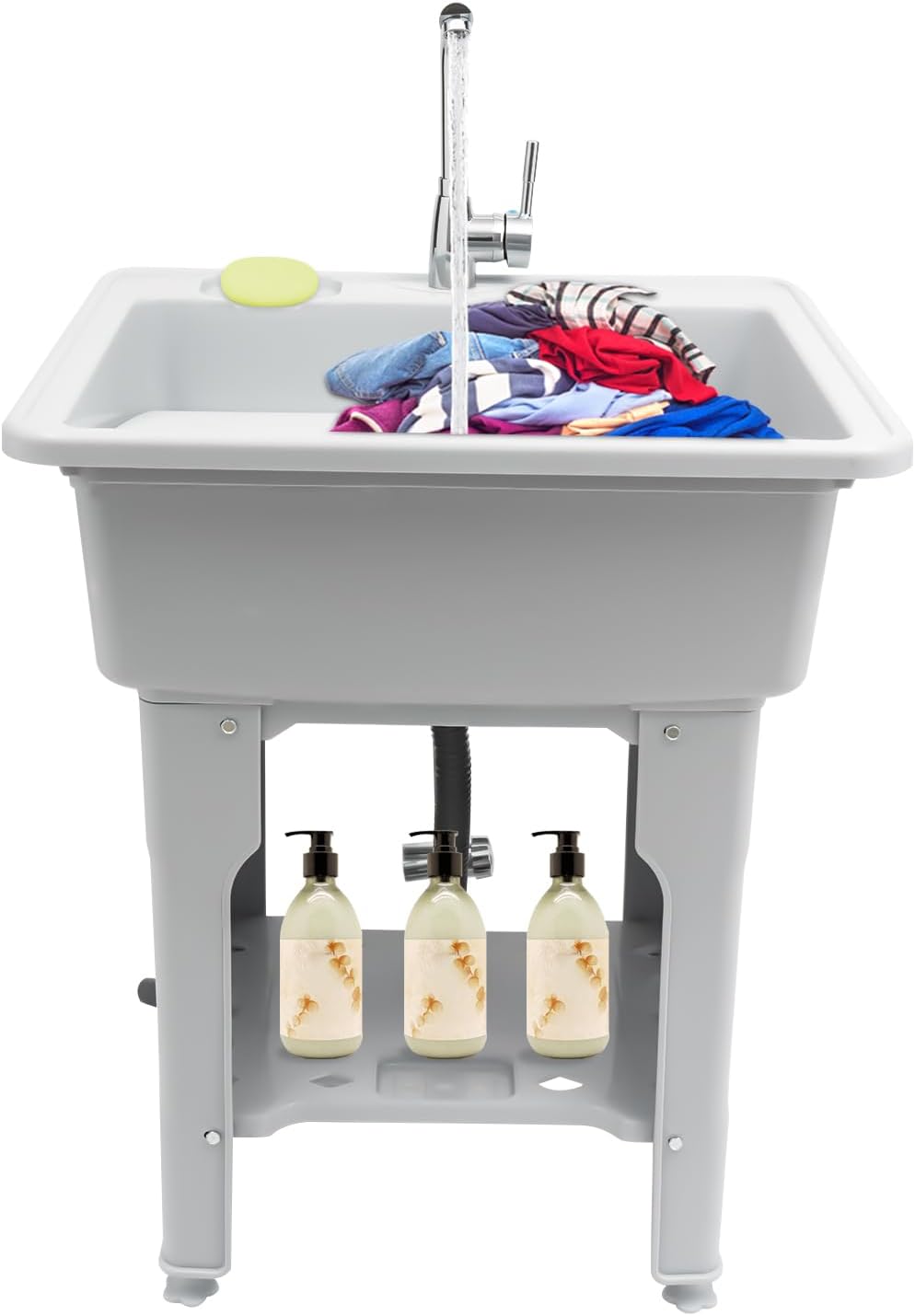 Freestanding Utility Sink Plastic Wash Station with Storage Shelf Indoor/Outdoor for Bathroom & Laundry (Gray, 25.6*21.65*31.5in)