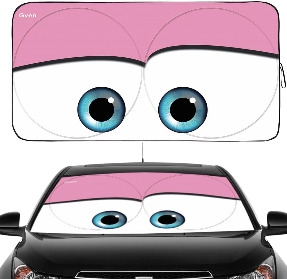 Gven Car Sun Shade Windshield The Original Patented Eyes Pink Car Accessories 2025 Sun Shade for Women Drivers Cute Girly Cover for Front Window Sunshades Summer Heat Portection(Pink, S)
