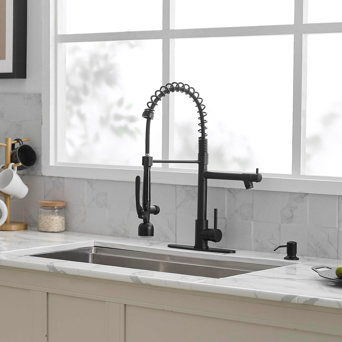 Fapully Commercial Kitchen Faucets with Pull Down Sprayer Matte Black LED Single Handle Faucet for Kitchen Sink, Kitchen Faucet with Soap Dispenser and Deck Plack for 4 Hole