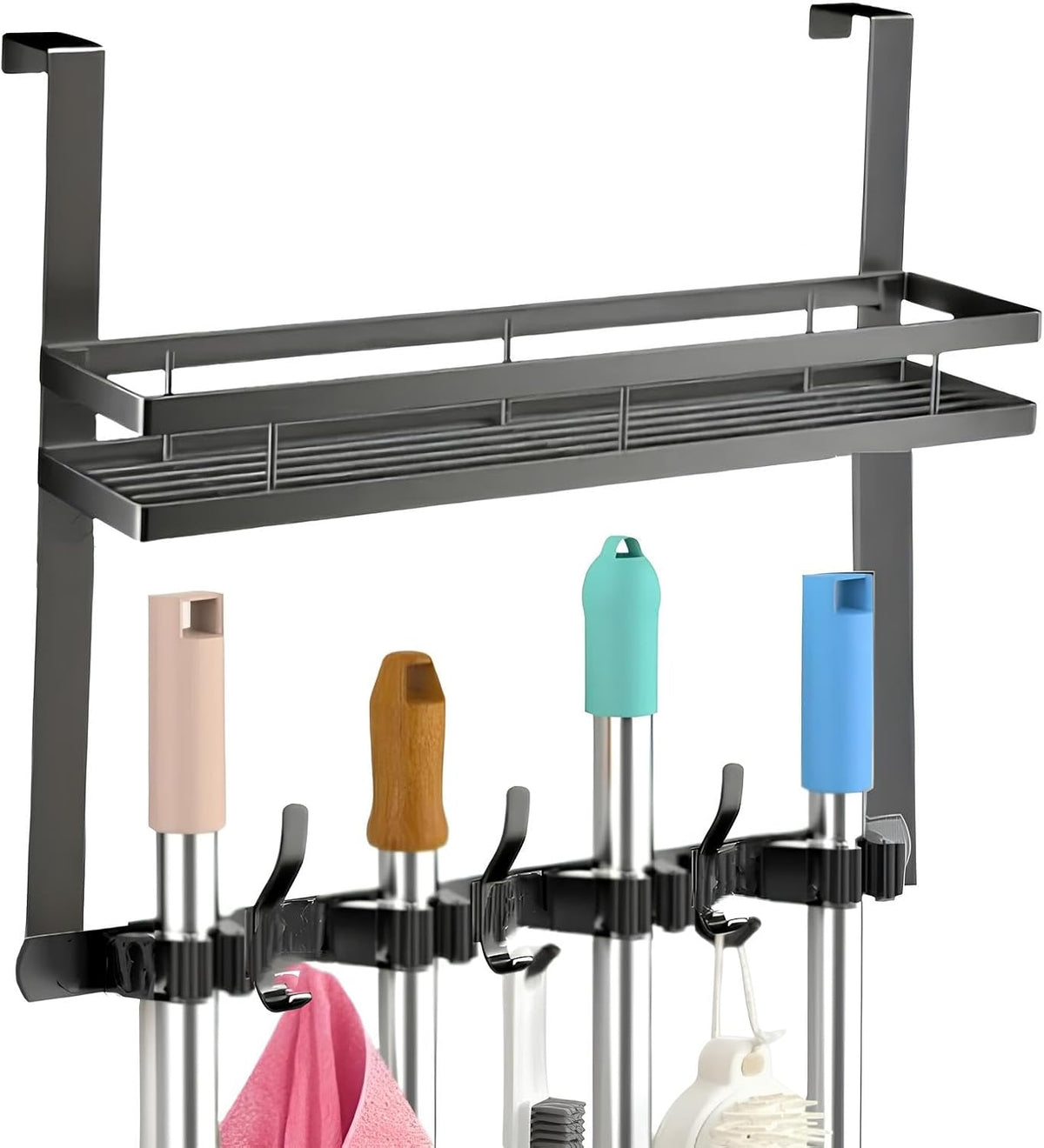 Broom Holder Over The Door Over Door Broom and Mop Rack Over The Door Hooks Organizer With4 Slots & 3 Hooks 1 Storage Basket For Laundry Room, Garage, Closet, Kitchen Decor (black)