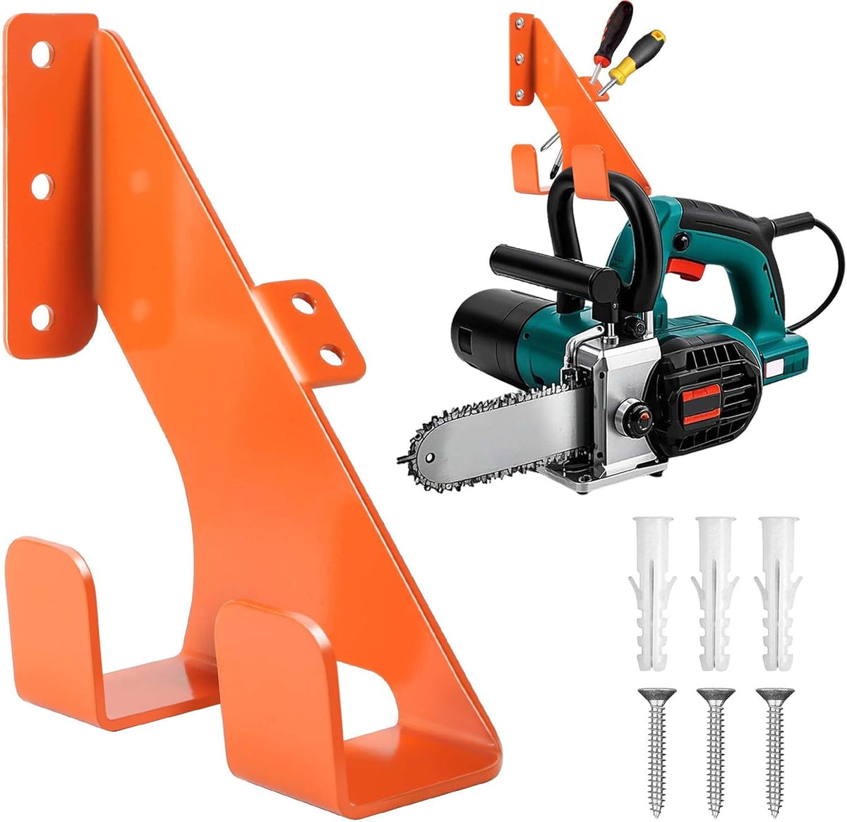 Chainsaw Hanger, Heavy Duty Chain Saw Stand 3-in-1 Wall Mount with Accessory Tool Hooks for Garage Shed Organizer Storage, Includes Mounting Hardware (1 Pack)