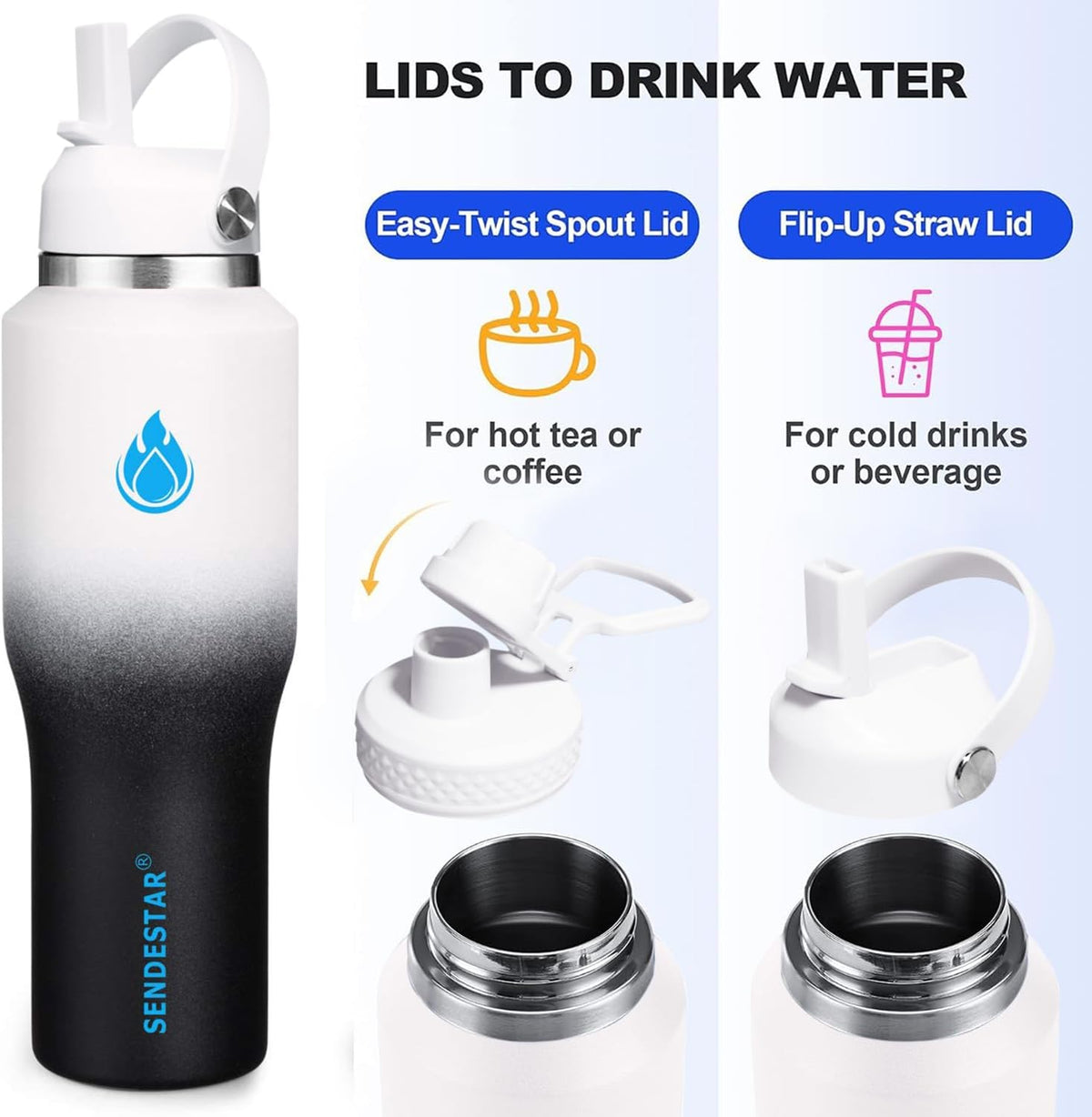SENDESTAR SENDESTAR 40oz Stainless Steel Water Bottle(Cold for 48 Hrs, Hot for 24 Hrs),Double Wall Vacuum Insulated Bottle with Straw Lid, Spout Lid and Flex Cap, Fit in Any Car Cup Holder