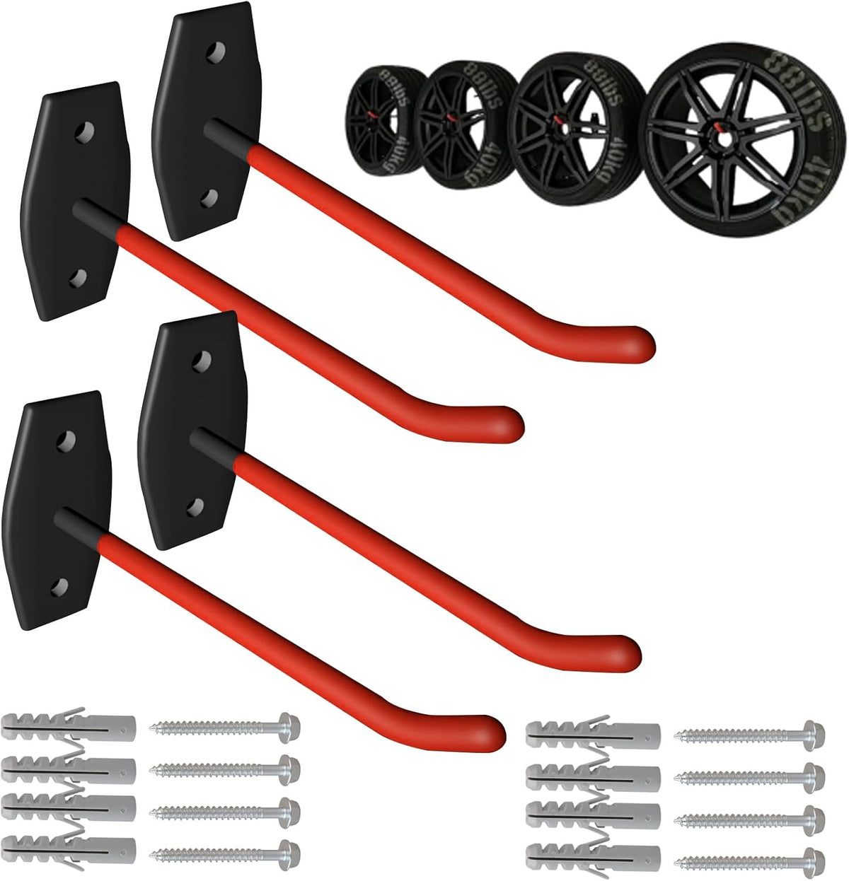 4 Pcs Wall Mount Garage Tires Hooks, 10 Inch Heavy Duty Steel Garage Storage Hooks with Anti-Slip Coating, Hang Tools for up to 88Lbs, for Car Tires, Ladders, Chairs, Ropes