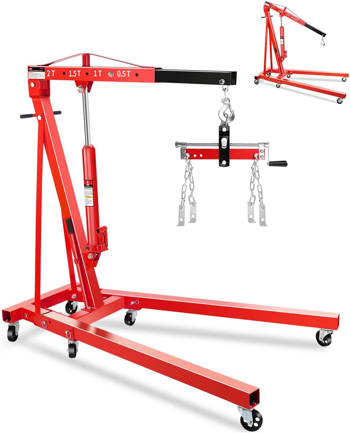 2-Ton Folding Engine Hoist with Lever, Hydraulic Shop Crane with 6 Swivel Wheels & Adjustable Boom (0.5T-2T), Heavy-Duty Cherry Picker for Garage, Workshop, Truck, Farm (Net Wt. 168 lbs)