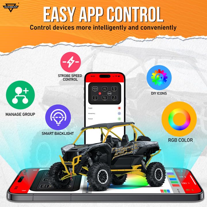 Auxbeam 6 Gang Switch Panel Bluetooth AR-600 RGB Large Button Auxiliary Switch w/Toggle Momentary Pulsed Switch Pod Backlit Off Waterproof 12-24V Panel Pod for UTV Boat Truck RV 2 Years Warranty