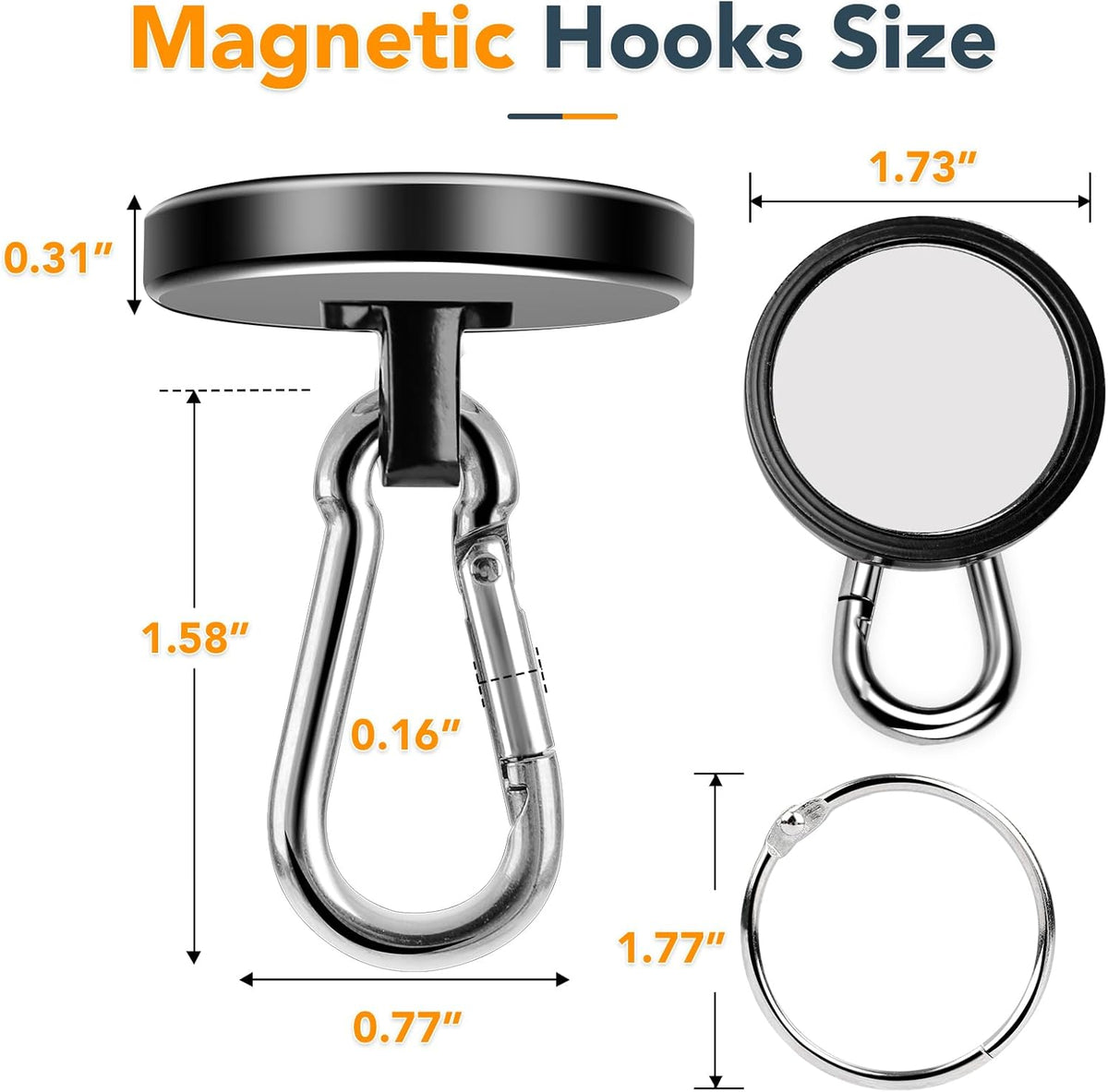 MIKEDE Strong Magnetic Hooks Heavy Duty, 200LBS+ Black Swivel Neodymium Magnets with Carabiner Hook, Hooks for Hanging, Curtain - 4 Pack