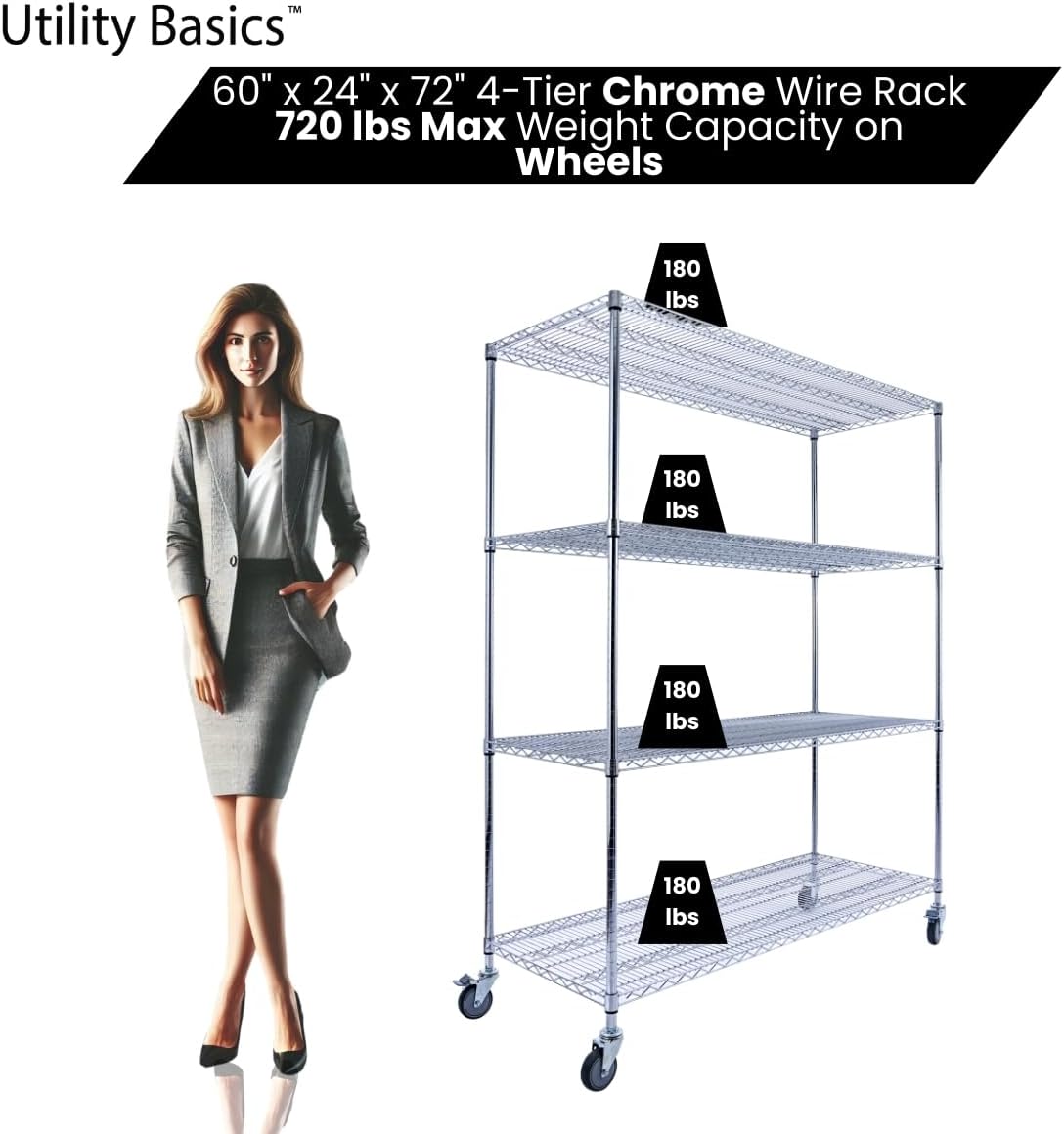 60"x24"x72" PREMIUM METAL STEEL 4-Tier Wire Shelving NSF 3200 LBS MAX Capacity Heavy Duty Storage Rack for Hospitals, Schools, Commercial Spaces, and Garages w/PREMIUM Wheels