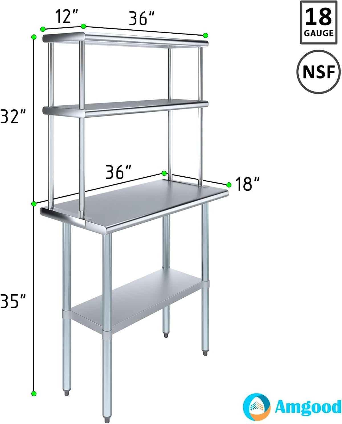 Amgood Stainless Steel Work Table Double Tier Overshelf | Metal Kitchen Prep Table & Shelving Combo (18" x 36" Work Table + 12" Overshelf)