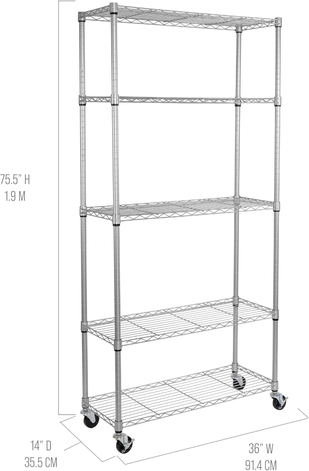 Seville Classics UltraDurable Heavy Duty NSF Solid Steel Wire Rack Storage Unit, Organizer for Garage, Warehouse, Office, Restaurant, Classroom, Kitchen, Silver, 5-Tier Shelving, 36" W x 14" D