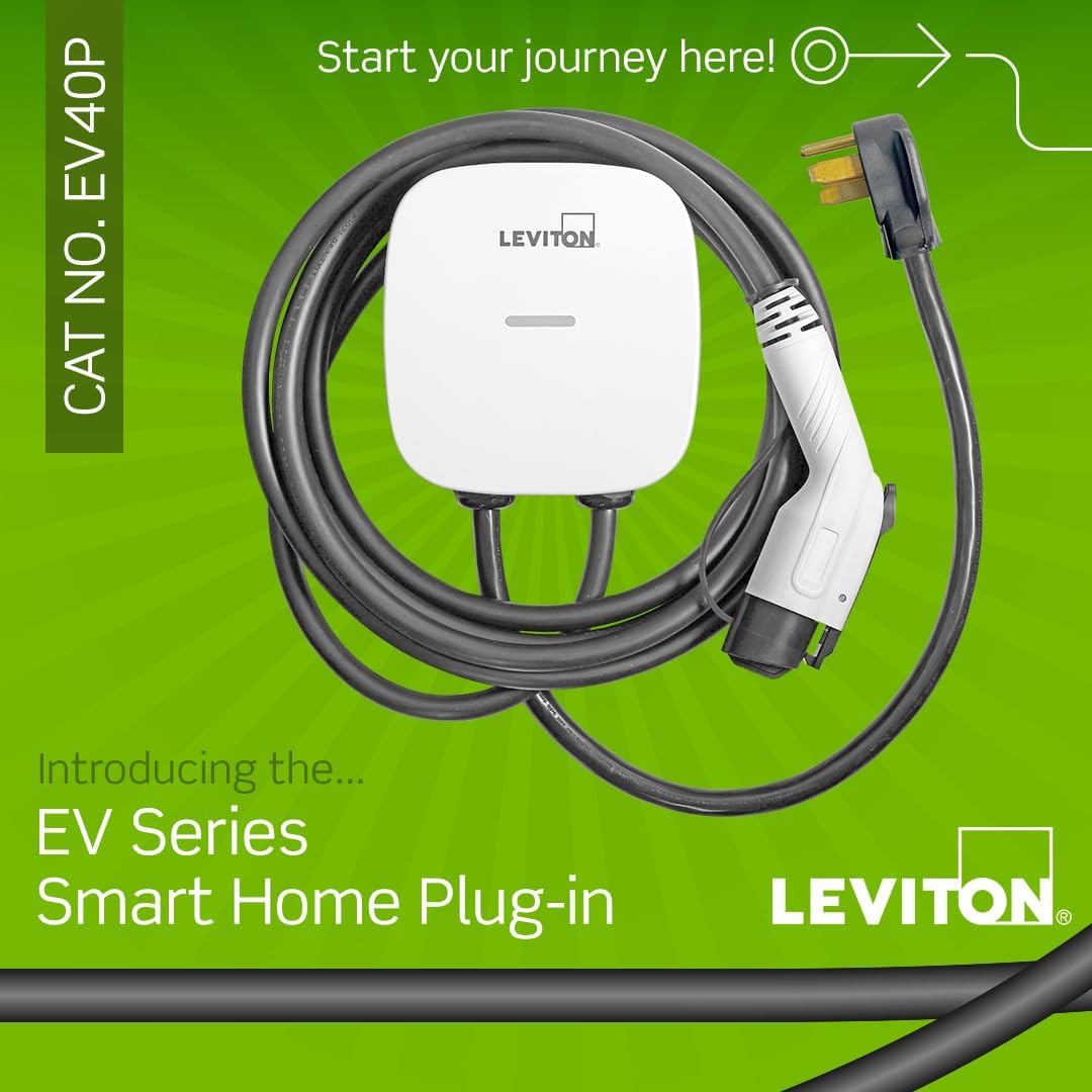 Leviton Level 2 Smart EV Charger with Wi-Fi, 40 Amp, 9.6kW Output, 25' Cable, NEMA 14-50P, Indoor/Outdoor Plug-In EV Charging Station, My Leviton Compatibility, EV40P EVSE