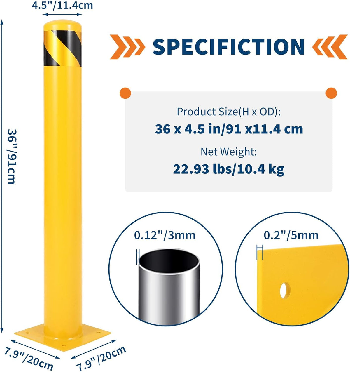 4.5x36 Inch Safety Bollard Post - Yellow Steel Bollard with Anchor Bolts (1-Pack) for Parking Lots, Walkways & Traffic Areas