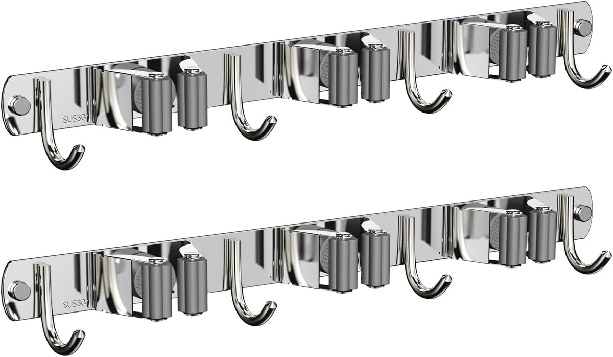 2 Pack Mop and Broom Holder Wall Mount, Non-slip Broom Hanger, Heavy Duty Mop Broom Organizer for Kitchen Garden Garage Laundry Room Wall Decor Organization and Storage Silver 3R4H