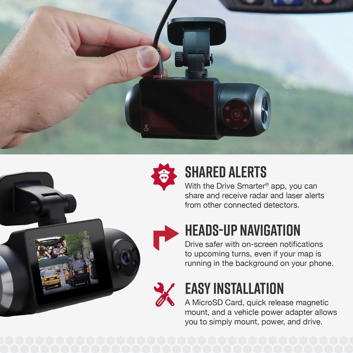 Cobra SC 201 Smart Dash Cam and 2.5A OBDII Port to Micro-USB Hardwire Kit: Front View Camera with Full HD 1080P Resolution, Built-in WiFi & GPS, Live Alerts Through Drive Smarter App