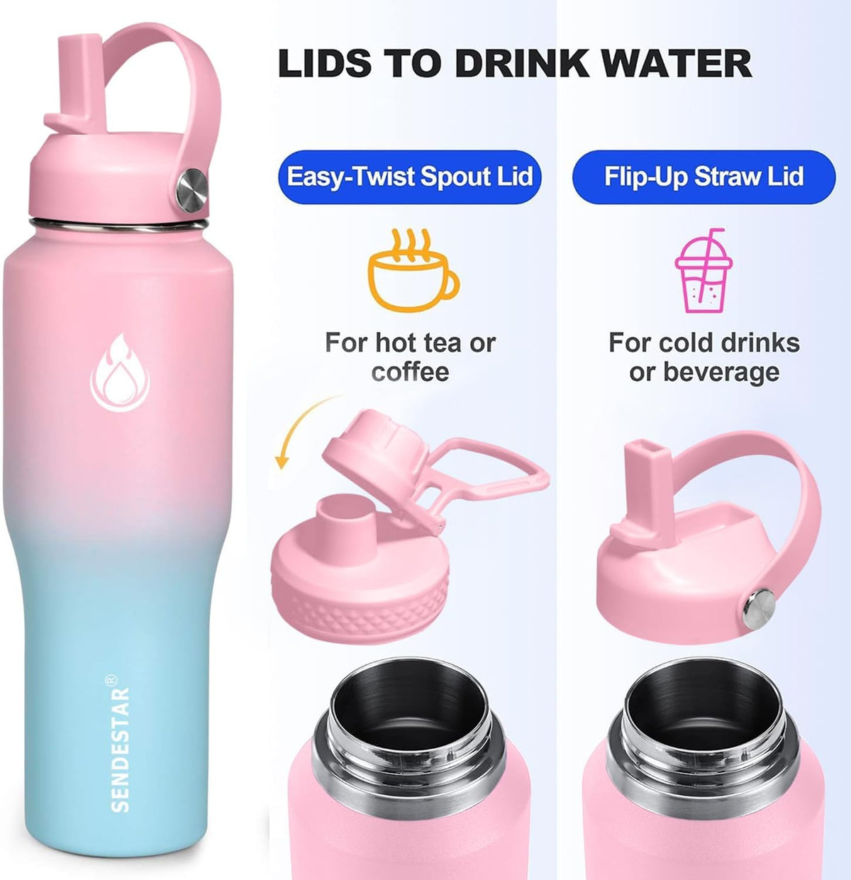 SENDESTAR 40oz Stainless Steel Water Bottle(Cold for 48 Hrs, Hot for 24 Hrs),Double Wall Vacuum Insulated Bottle with Straw Lid, Spout Lid and Flex Cap, Fit in Any Car Cup Holder 40-car-1-Pink-B-1