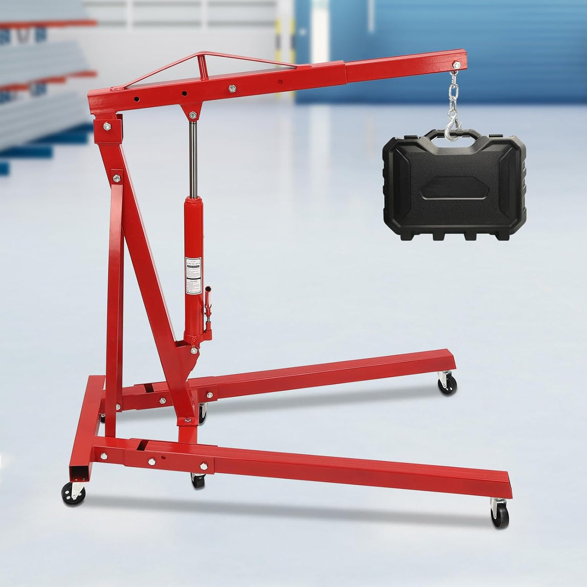 Folding Engine Crane 2 Ton Folding Engine Hoist 4400lbs Crane Hoist Lift with 6 Iron Caster Wheels for Garage, Workshop (Red)