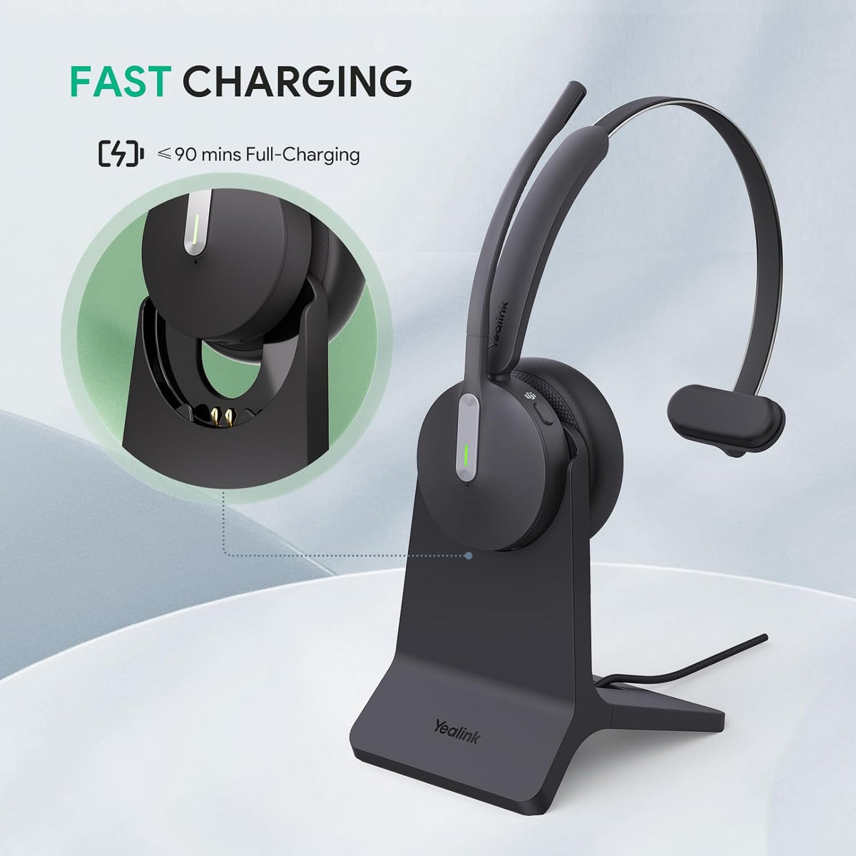 Yealink BH70 with Stand Wireless Bluetooth Headset with Microphone for Work, up to 35h Talking Battery Life, 3 Noise Cancellation Mics, Teams Certified, ≤90min Fast Charging, NO Power Adapter Needed