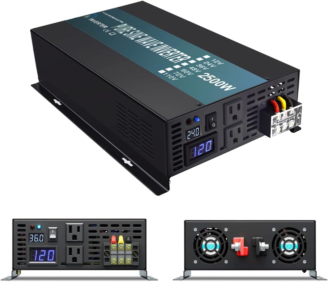 WZRELB Strong Driving Capacity 2500W 24VDC to 120VAC Pure Sine Wave Inverter Power Converter (RBP250024B1), Black