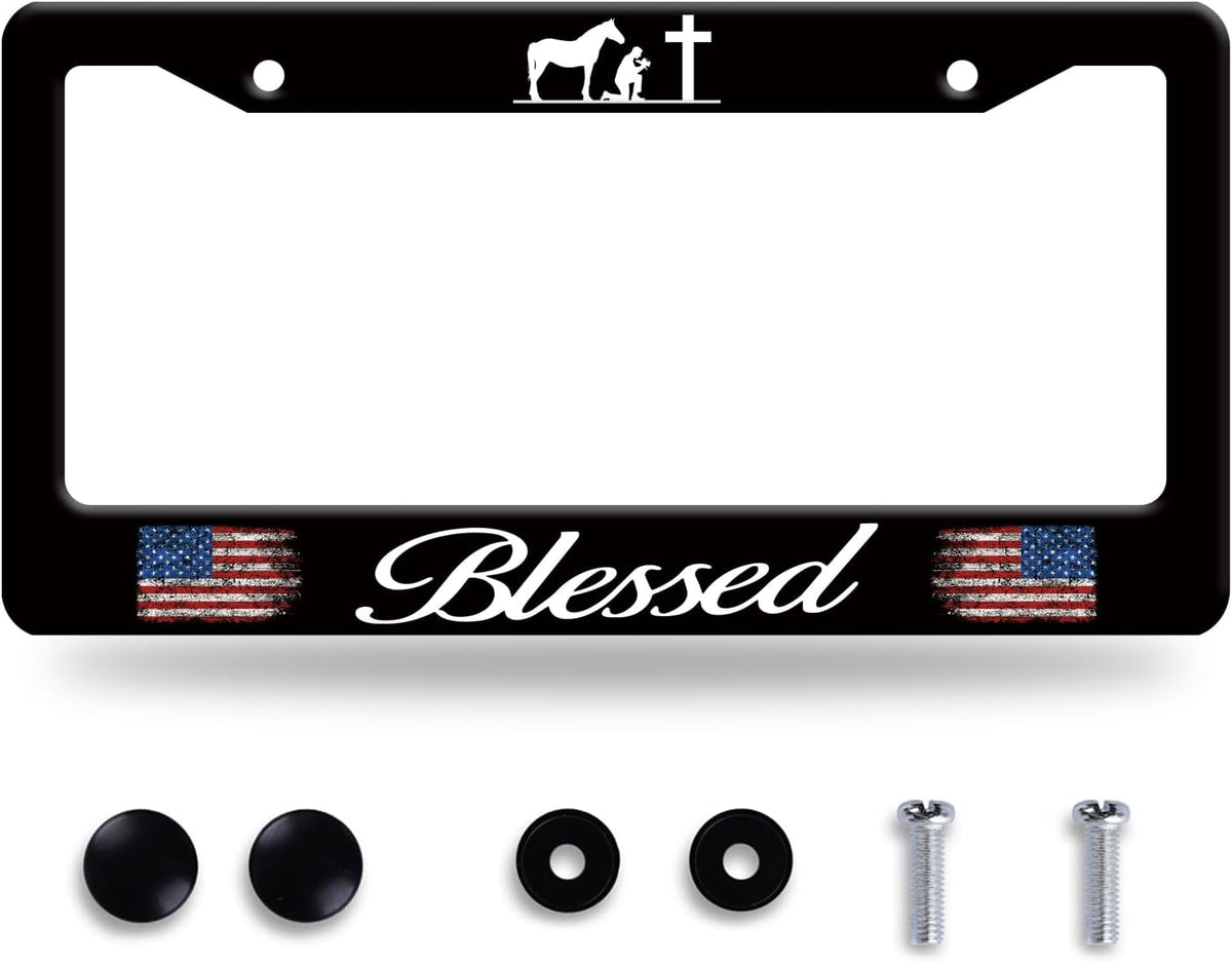 Blessed American Flag License Plate Frame Cross Pray for US License Plate Frames Stainless Steel Accessories Cars Decor with 2 Holes and Screws Fits Standard US CA Vehicles Size 12.2 x 6 Inches