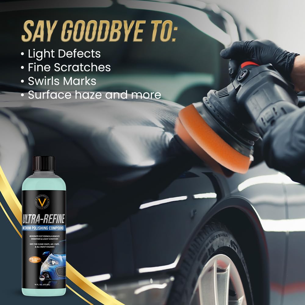 VPD Ultra-Refine Medium Polishing Compound 16 oz – Professional Car Polish & Rubbing Compound, Removes Swirl Marks, Oxidation & Scratches, Enhances Gloss & Depth, Safe for Clear Coats & Metals
