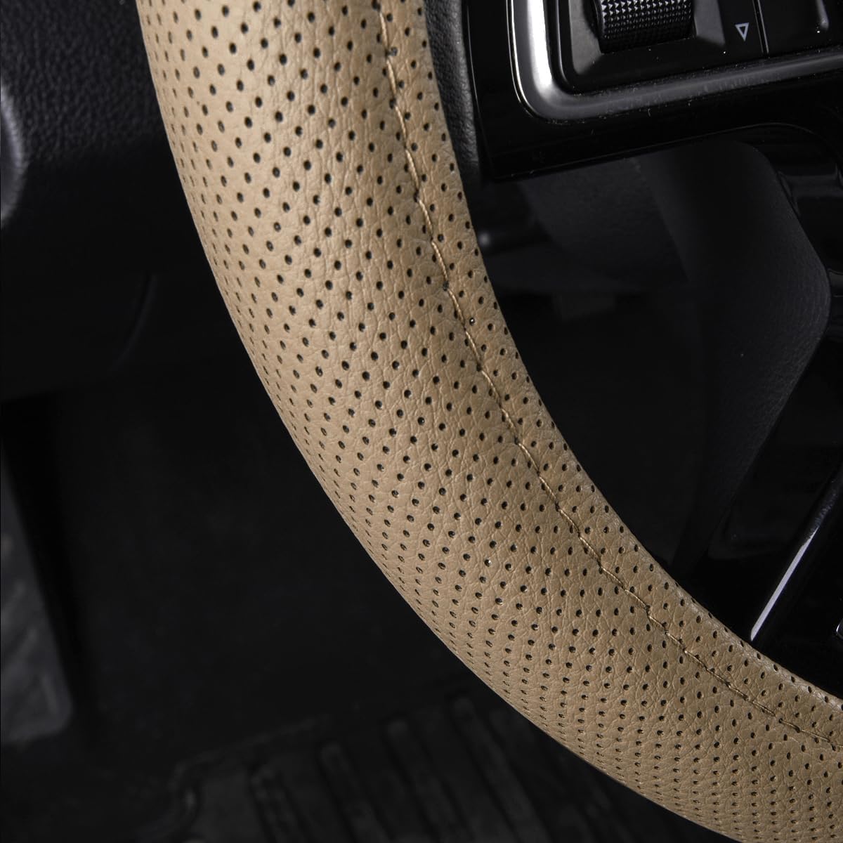 Car Pass Classical Leather Automotive Universal Steering Wheel Covers,Universal Fit for Suvs,Trucks,Sedans,Cars,Vans,14.5-15inch Anti-Slip Safety Comfortable Desgin(Beige)