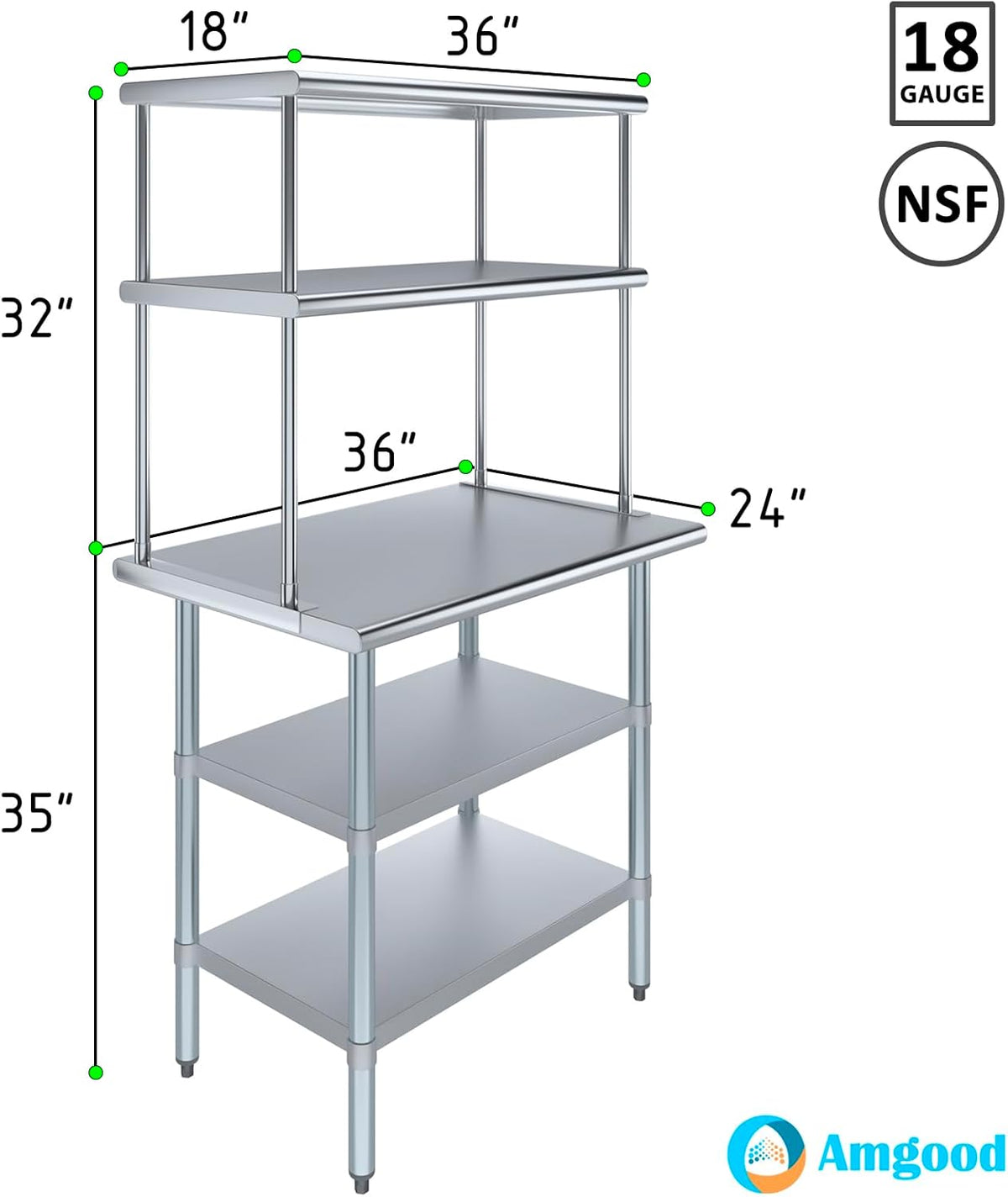 Amgood Stainless Steel Work Table with 2 Shelves | Metal Kitchen Prep Table & Shelving Combo (24" x 36" Table with 2 Shelves + 18" Overshelf)