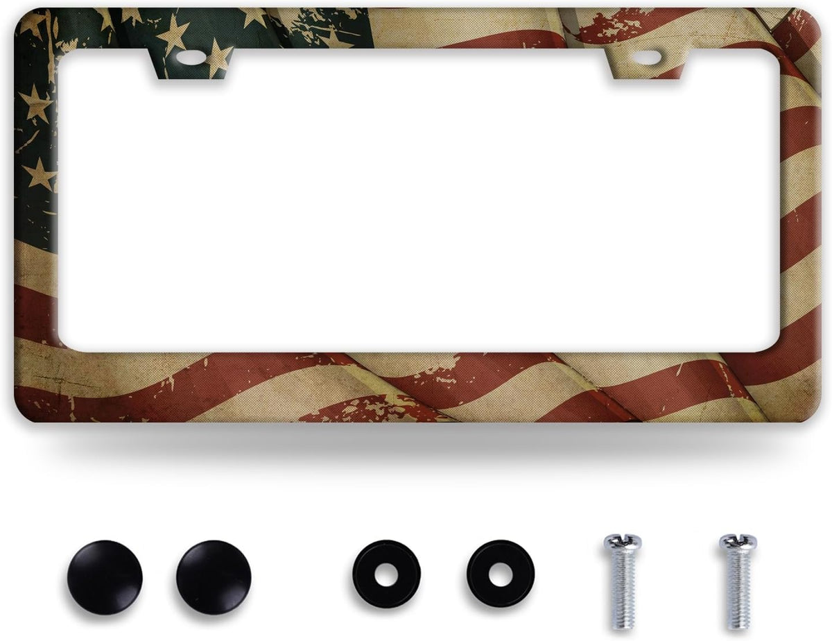 Vintage American Flag License Plate Frame Usa Flag License Plate Frames Funny Stainless Steel Accessories Cars Decor With 2 Holes Screws Fits Standard Us Ca Vehicles License Plate Holder 12.2 X 6 Inch