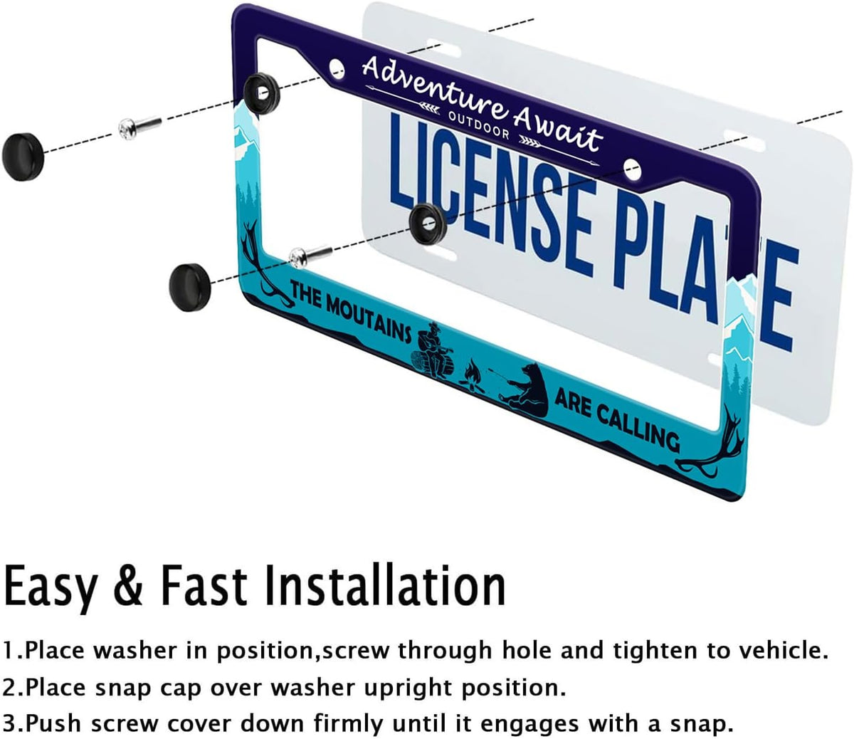 Adventure Await License Plate Frame, Mountains Forest Bear Outdoor License Plate Holder Cover, Metal Aluminum Rustproof Car Accessories for Men Women, Great Gift for Hiking Camping Enthusiasts