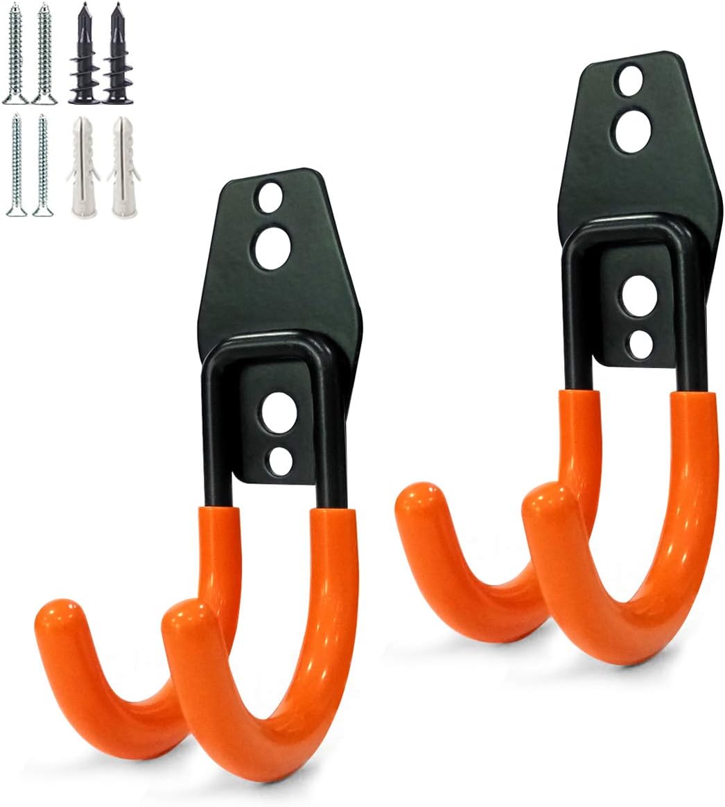 2 Pack Garage Storage Utility Hooks，Garage Garden Tool Organizer，Steel Wall Mount Hooks, Garden Small U Hooks (Black) (Type O-Orange)