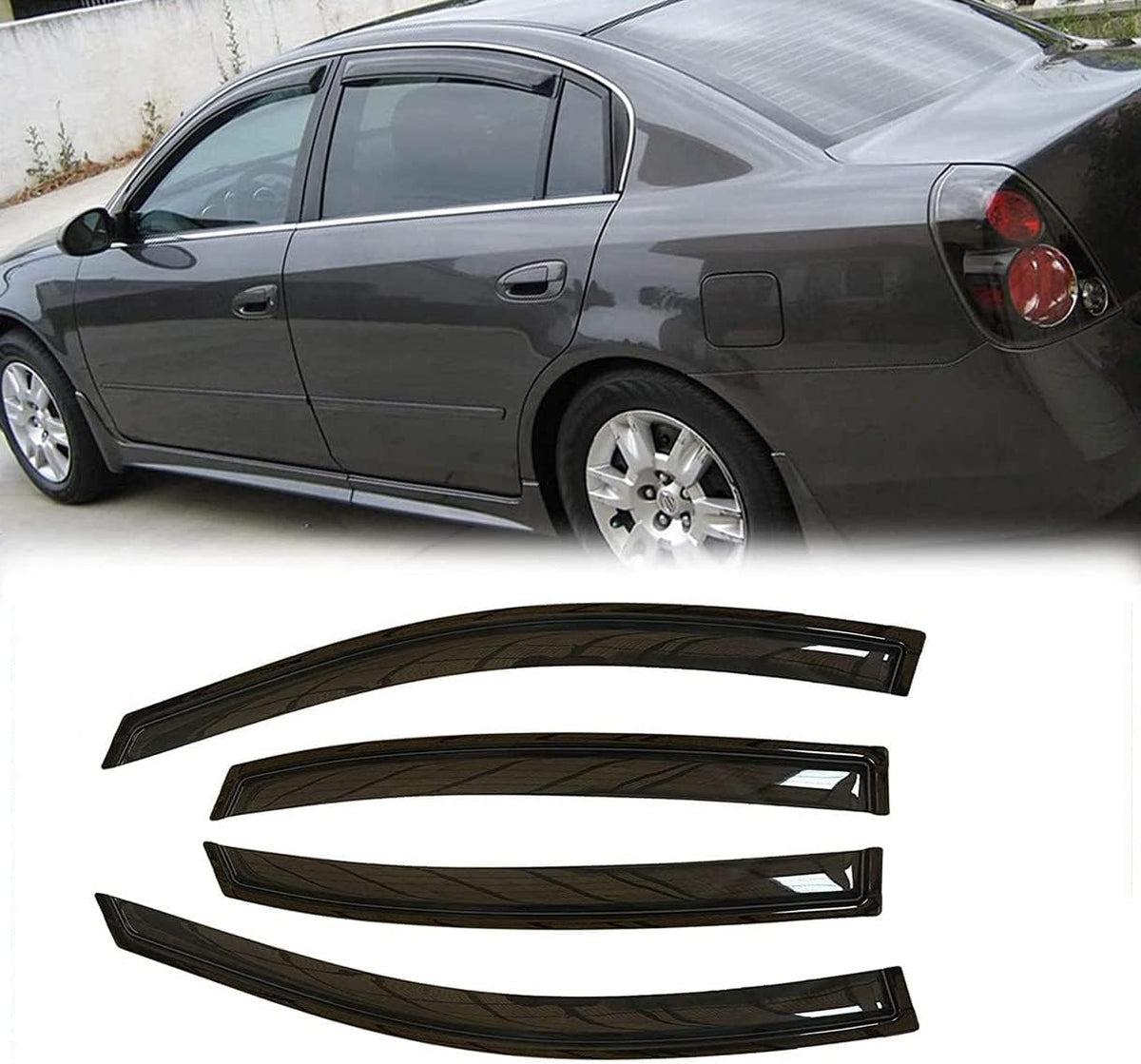 4pcs Out-Channel Tape On Side Wind Deflector,Dark Smoke Sun Rain Guards,Nice Window Visors fit for 2002-2006 Nissan Altima 94722