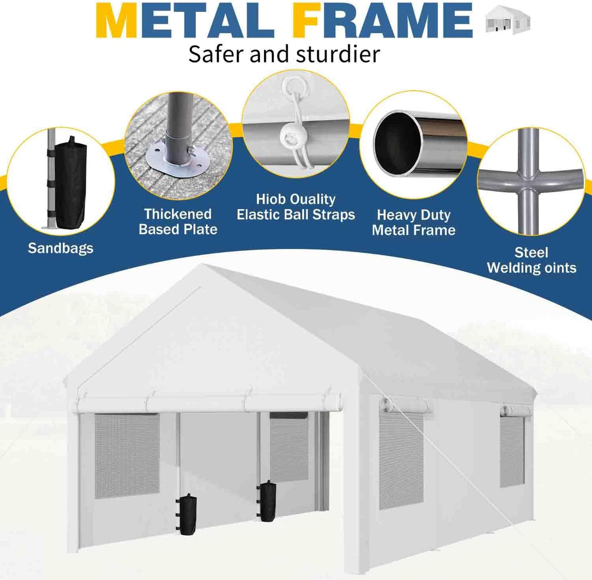 JAMFLY 12x20 ft Heavy Duty Carport with Roll-up Windows & Removable Sidewalls & Doors – Portable Garage Canopy with All-Season Tarp, Sandbags for Car, Truck, Boat, Motorcycle, White