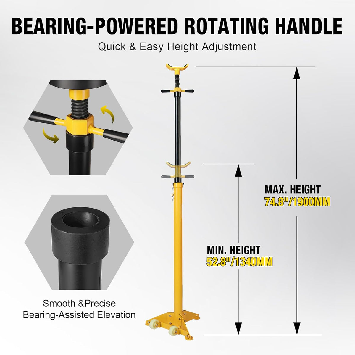 YELLOW JACKET 3/4 Ton Underhoist Support Stand with Two Wheels, Lifting from 43.3" to 70.9", Bearing Mounted Spin Handle, Contoured Saddle, Supports Vehicle Components, Self-Locking Screw