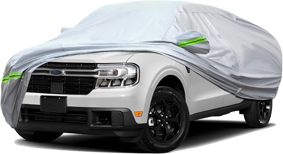 TUCAREST 6-Layers Premium Heavy Outdoor Pickup Full Car Cover Hard Shell Zipper Design Waterproof All Weather Weatherproof UV Sun Protection Snow Dust Storm Resistant with Straps(Fit for UP 180"-206")