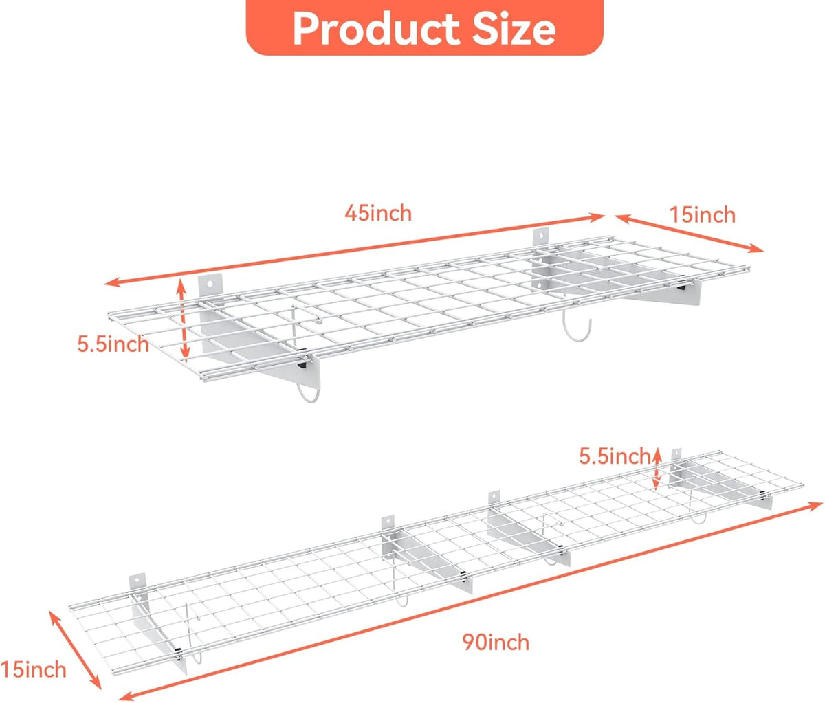 TORACK 2 Pack Garage Storage Wall Shelves, 15" x 45" Wall Mounted Wire Shelves for Garage Storage Heavy Duty Garage Wall Shelving(Pack of 2, White)