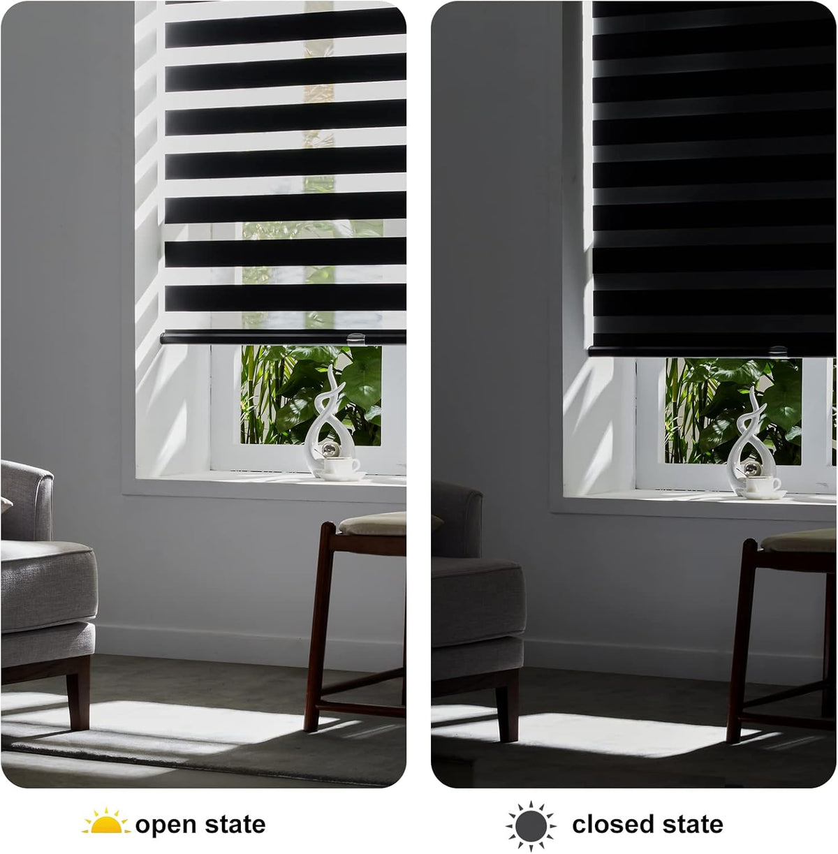 Persilux Custom Size Cordless Zebra Blinds for Windows Free-Stop Roller Windows Shades Dual Layer Light Control for Day and Night, Light Filtering Sheer Shades for Home and Bedroom Black