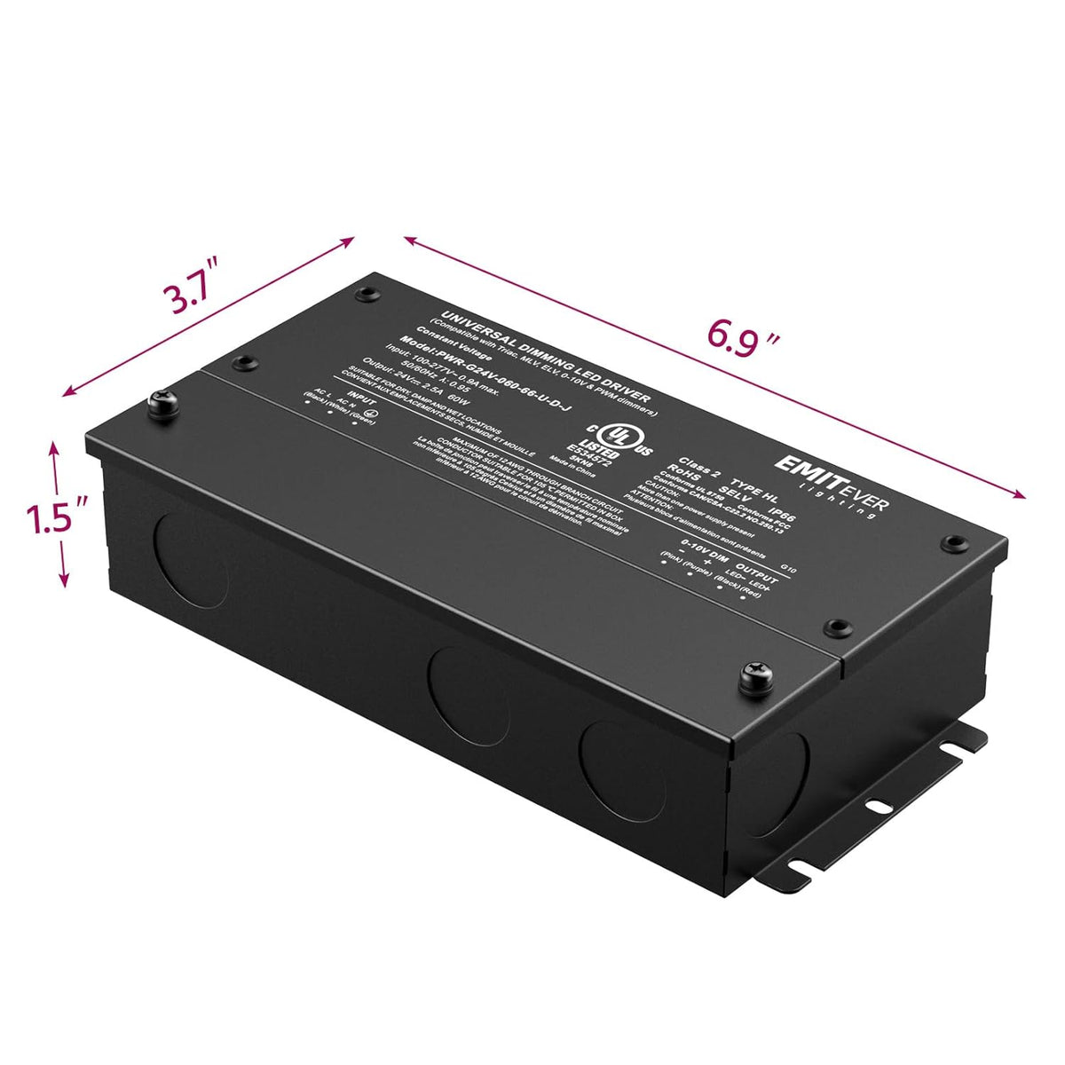 EMITEVER 60W Dimmable LED Driver, 24V Triac Dimmable Power Supply, AC to DC Transformer for LED Light, Compatible with Lutron and Leviton Dimmer, Waterproof IP67 and UL Listed, Class 2