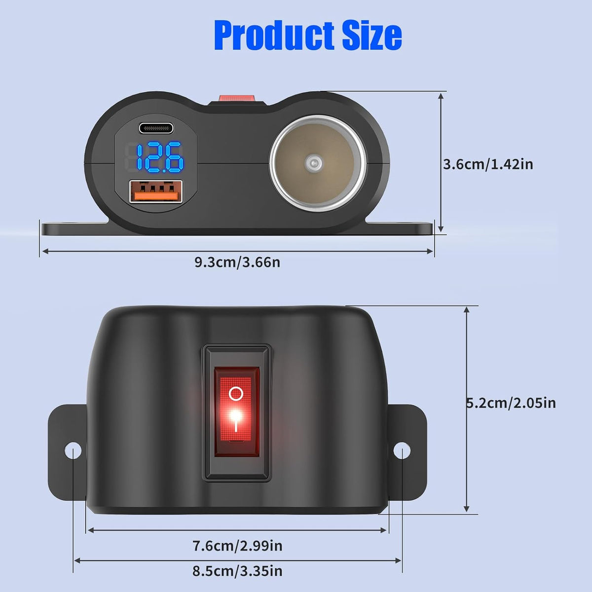 2-in-1 Surface Mount 12V USB Outlet Cigarette Lighter Socket, PD 30W and QC18W Car USB Port Car Charger with Button Switch LED Voltmeter and 120W Socket, Suitable for Cars, Boats, RVs and ATVs