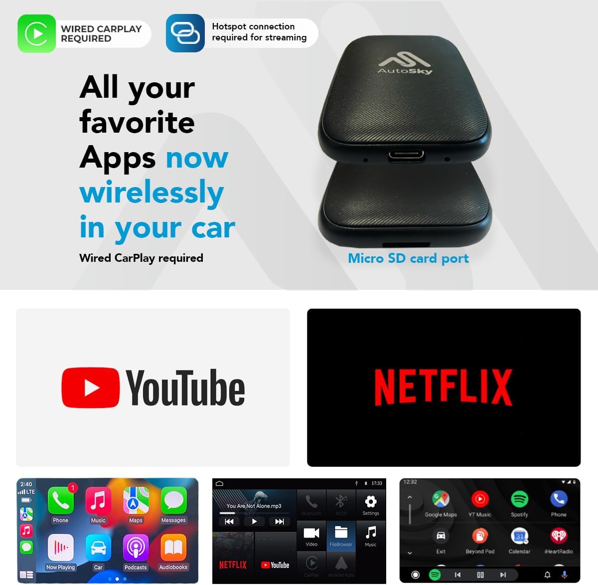 AutoSky Wireless CarPlay and Android Auto AI Box Lite for Factory Wired CarPlay Cars - Supports Netflix and YouTube Must use Hotspot - Go Wireless CarPlay and Android Auto. Wired CarPlay Required