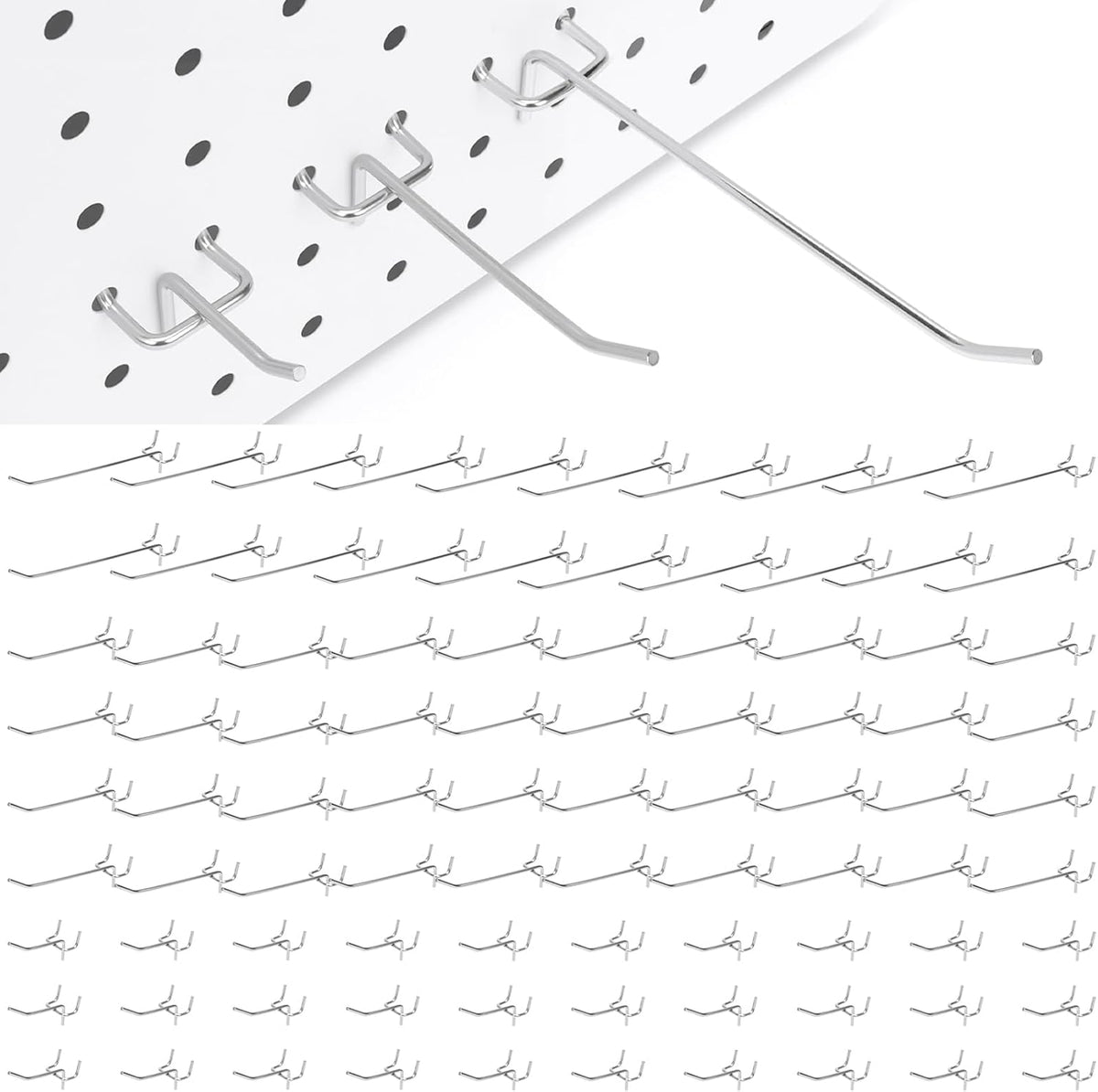 100 Pack Pegboard Hooks Heavy Duty 2 4 6 Inch Pegboard Hooks 1/8 Stainless Steel Peg Board Shelving Hanging Tool Pegs Organizer Accessories Kit for Garage Kitchen Store Craft Organizing Wall Storage