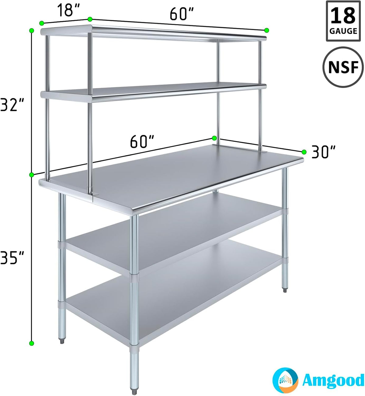 Amgood Stainless Steel Work Table with 2 Shelves | Metal Kitchen Prep Table & Shelving Combo (30" x 60" Table with 2 Shelves + 18" Overshelf)