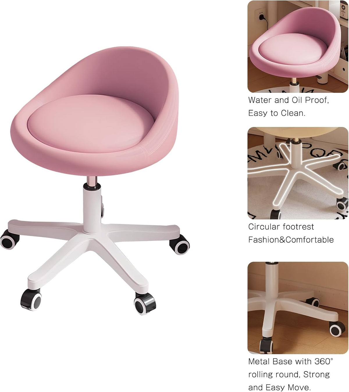 Rolling Stool Set of 6 Rolling Hydraulic Salon Stool with Low Backrest - Adjustable Swivel Chair for SPA, Shop, Salon, Massage, or Medical Office Pink