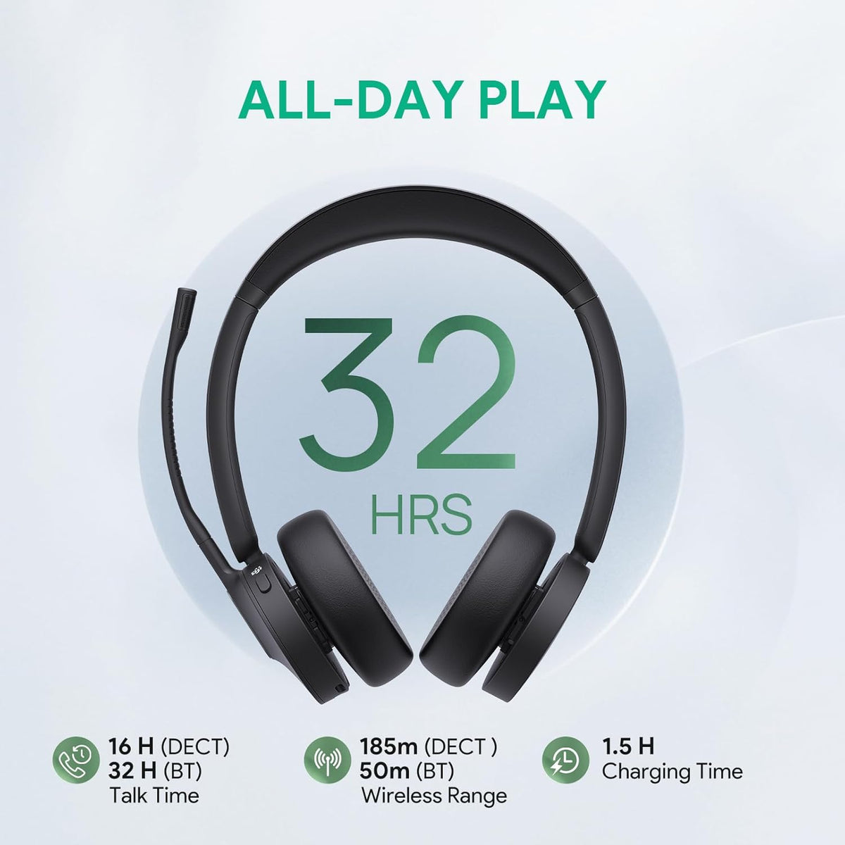 Yealink WH64 DECT & Bluetooth Dual UC Zoom Wireless Headset, 606 ft Range On Ear Work Headphones with 3X Noise Cancelling Mic, 32H Talk Time, Ringer, Office Headsets for Desk Phone, PC,Cellphone