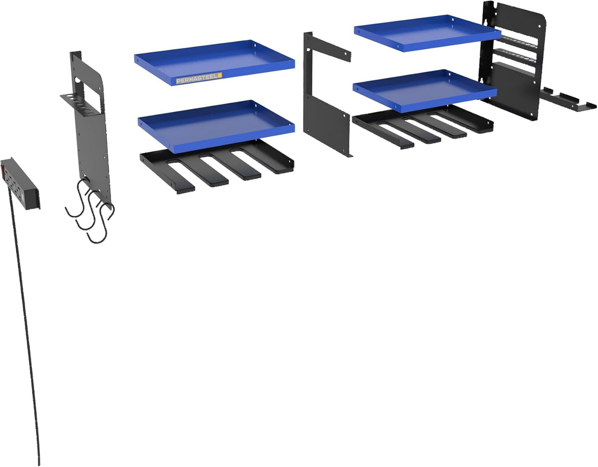 Permasteel Power Tool Organizer Wall Mount - 150 Lbs Load 3-Layer Heavy Duty Metal Storage Rack with Charging Station, Holds 6 Drills, 9 Hand Tools and 16 drill bits for Garage and Workshop, Blue
