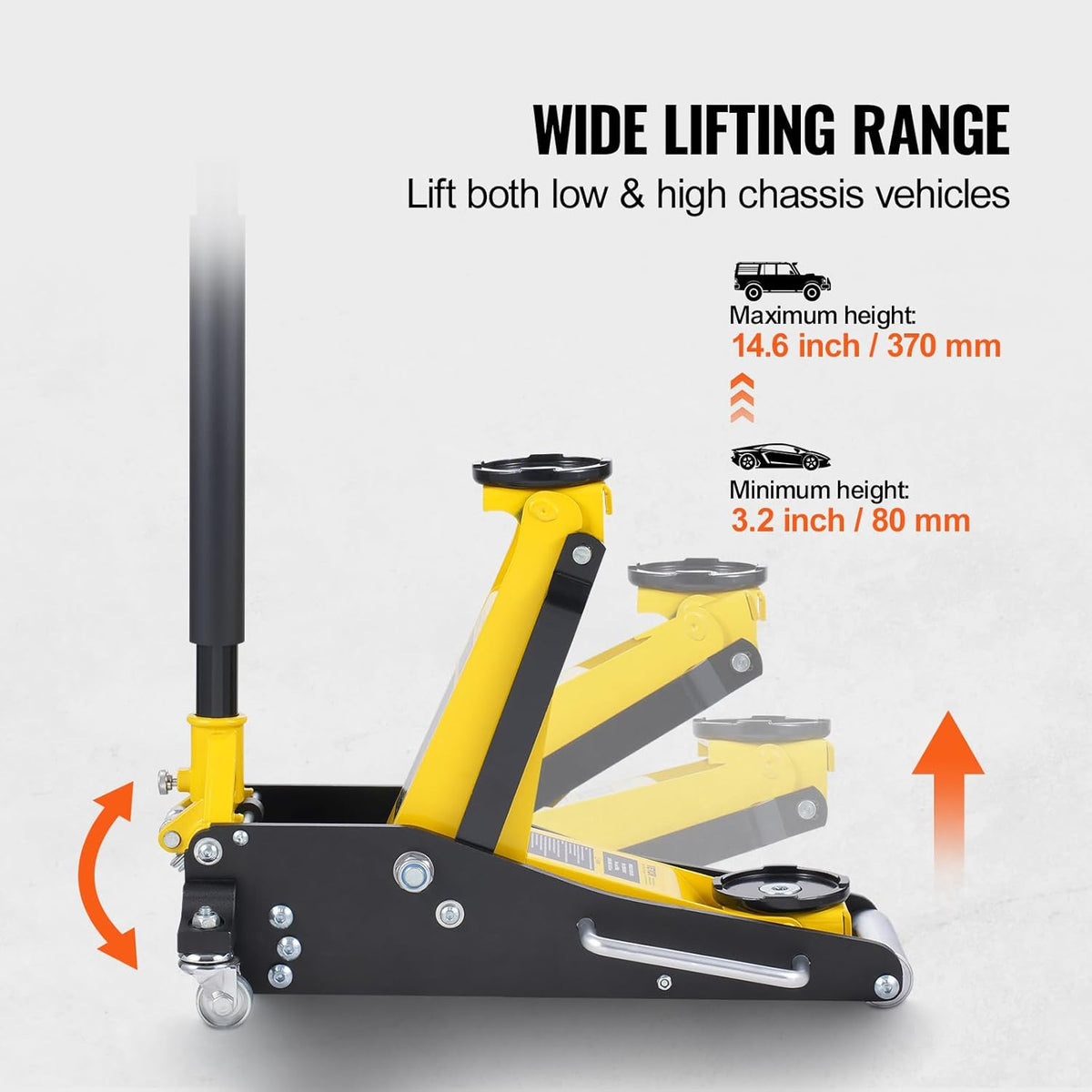 VEVOR Low Profile Floor Jack 2 Ton (4400 lbs), Heavy Duty Aluminum Hydraulic Racing Floor Jack, Hydraulic Car Jack, Dual Piston Quick Lift Pump, 3.2"-14.6" Height Lifting Range (Yellow)