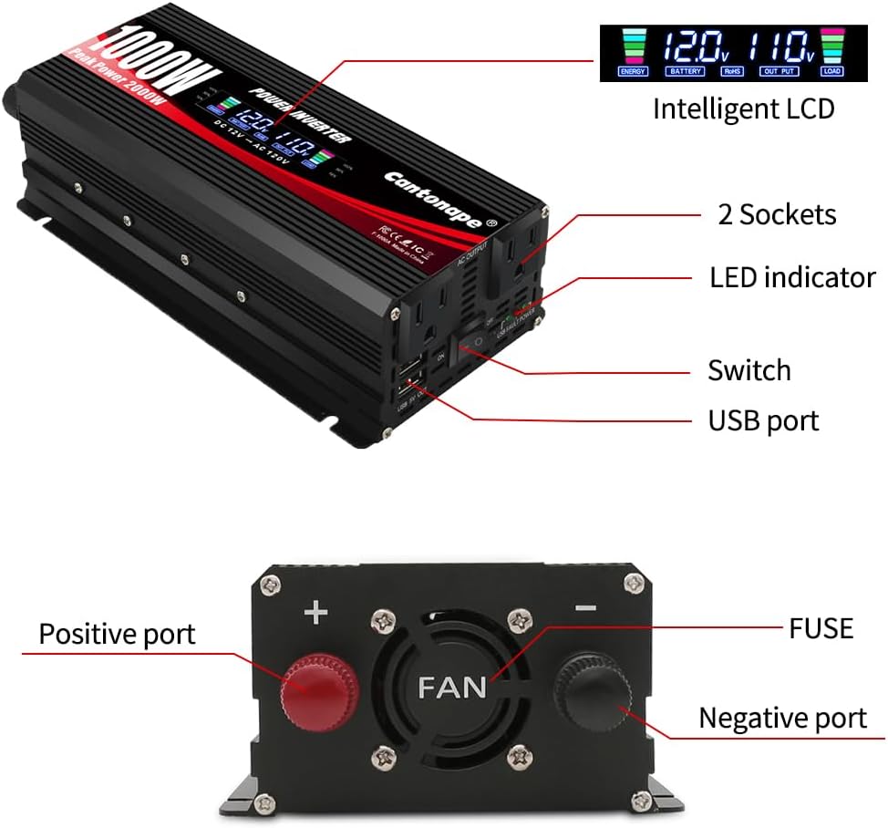1000W/2000W(Peak) Car Power Inverter DC 12V to 110V/120V AC Converter with LCD Display Dual AC Outlets and Dual USB Car Charger for Car Camping Laptop Truck Black