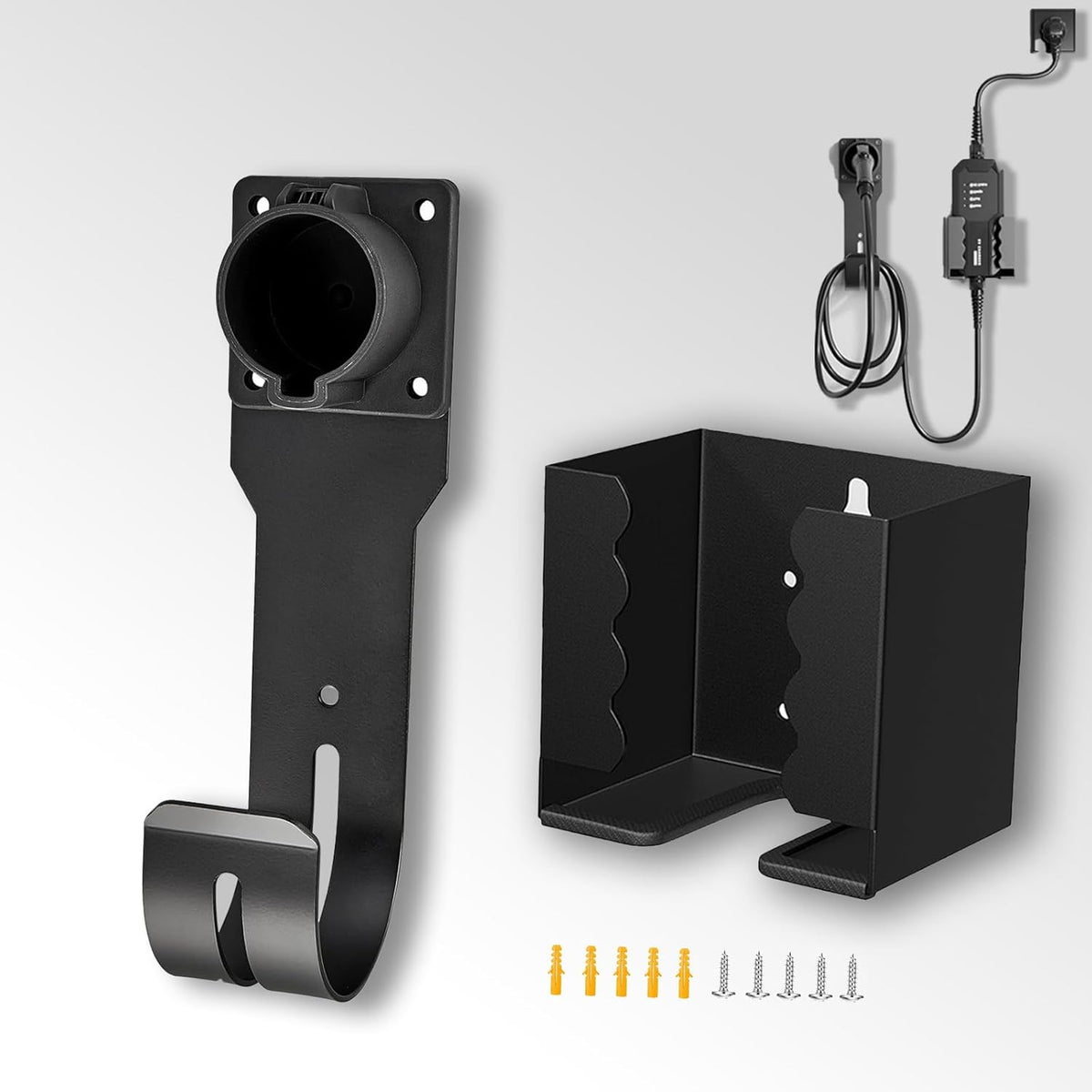 EV Charger Holder Wall Mount Kit, Ev Charging Cable Holder, EV Cable Box Organizer&J-Hook Electric Car Plug Nozzle Holster for SAE J1772 Connector(Indoor/Outdoor Use)
