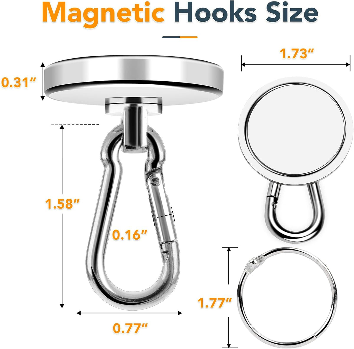 MIKEDE Strong Magnetic Hooks Heavy Duty, 200LBS+ Swivel Neodymium Magnets with Carabiner Hook, Hooks for Hanging, Curtain, Home, Workplace - 4 Pack